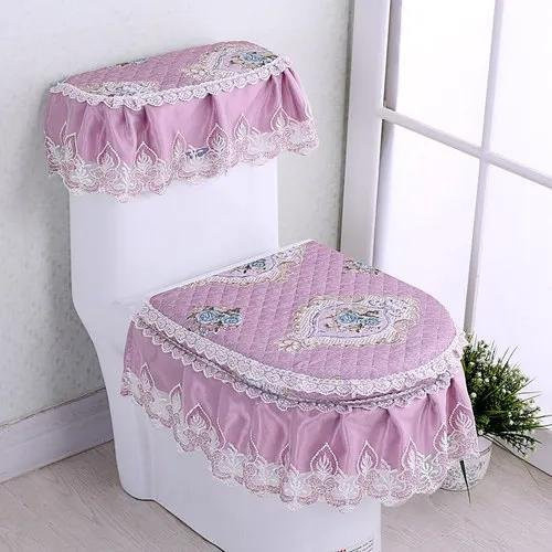 Dreiteiliges Toilettensitzkissen-Set mit Blumenmuster in Grau und Lila aus Baumwolle - Bild 1