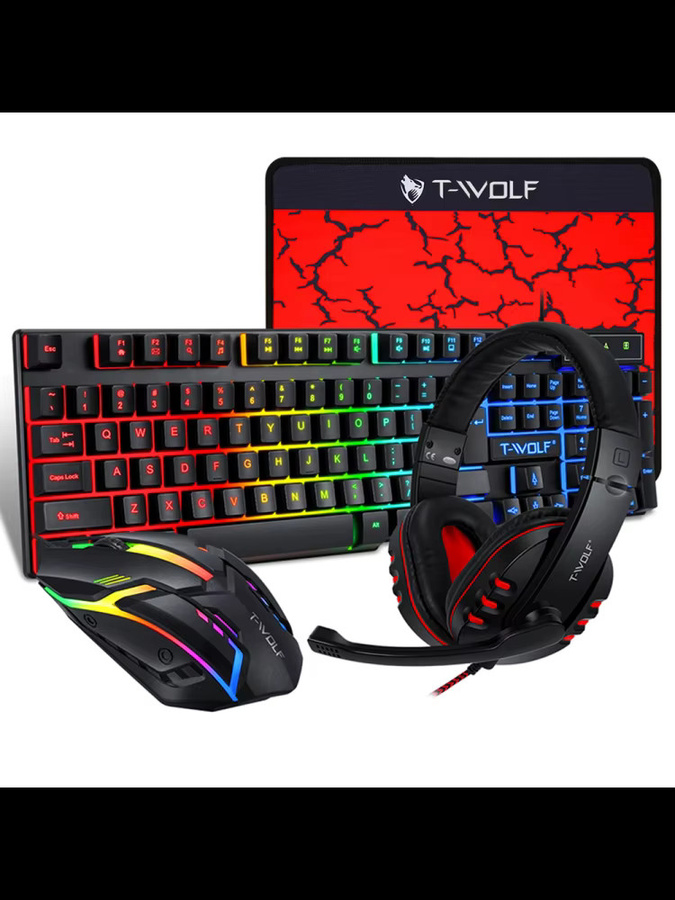 4-teiliges Gaming-Set mit ergonomischer Tastatur, 104 Tasten, 4-Farben-Beleuchtung, Maus, Headset und rutschfestem Mauspad in Schwarz - Bild 4