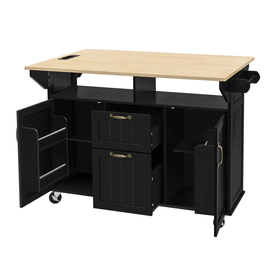 okwish Kücheninsel mit Rollen und Ausziehtisch in Schwarz, inklusive Schubladen und Handtuchhalter, B/T/H: 120 x 60 x 92 cm - Bild 2