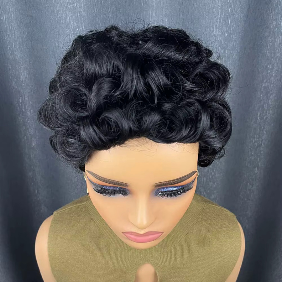 OYM HAIR Remy-Echthaar-Perücke, Pixie-Schnitt, schwarz, kurz, lockig, Damen - Bild 2