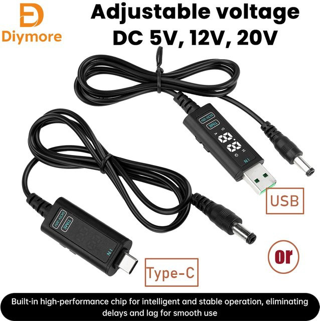 diymore USB-C auf DC Boost Step-up Konverter Kabel mit 5,5 x 2,5 mm Stecker für Netzteil und Ladegerät, Schwarz - Bild 1