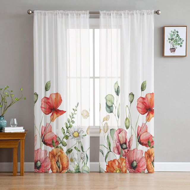 Super Six Transparentes Voile Tüll Vorhang mit floralem Design Daisy Eukalyptus Mohnblume in Weiß, Breite: 135 cm, Höhe: 114 cm - Bild 1