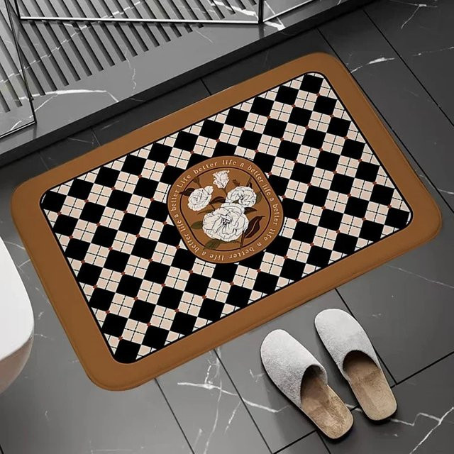 Homg-Dekor Rutschfeste Fußmatte mit Schachbrett- und Blumenmuster im Retro-Design für Badezimmer, Küche oder Schlafzimmer - Bild 1