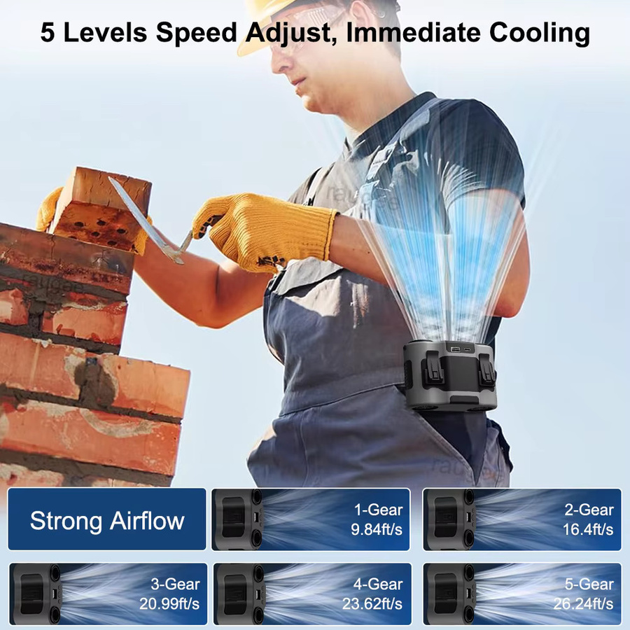 Tragbarer Taillenclip-Ventilator von raugee in Schwarz mit 20000mAh Akku, 5 Geschwindigkeiten und Powerbank-Funktion für Outdoor, Arbeit und Camping - Bild 2