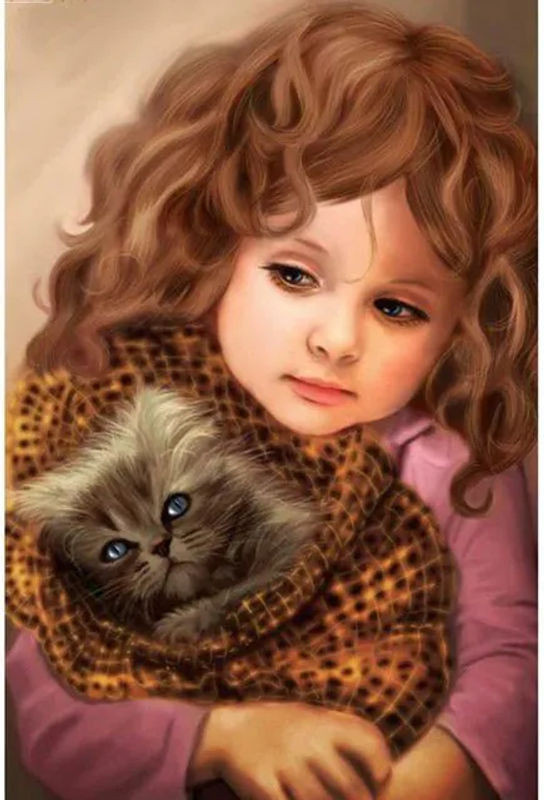 FIYO Diamond Painting Set Mädchen mit Katze als 3D Strass-Mosaik und Kreuzstich-Stickerei in Mehrfarbig, B: 30 cm, H: 20 cm - Bild 1