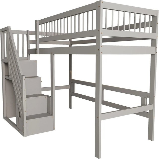 okwish Massivholzbett für Kinder aus Kiefernholz mit Treppe und Aufbewahrungsschrank in Grau, B/T/H: 90 x 200 x 170 cm - Bild 1