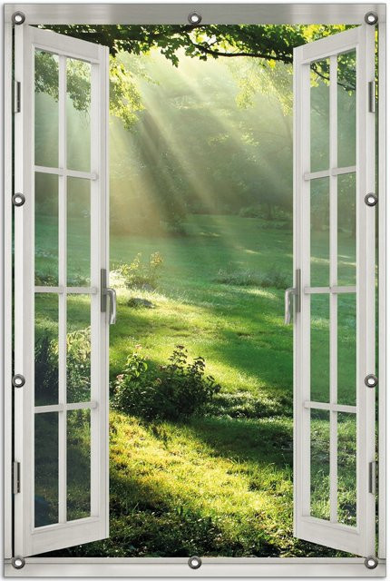Wallario Gartenposter mit Fenster-Illusion Sonnenstrahlen im Wald, Farbe: Grün, B x H: 100 x 150 cm - Bild 1