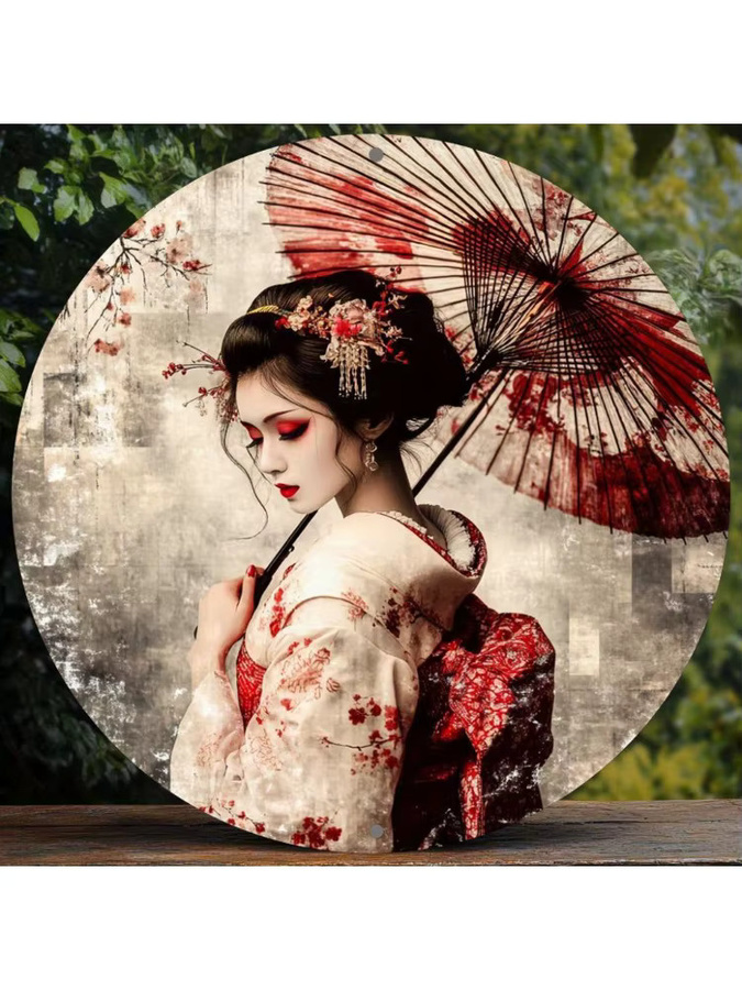HELLOYOUNG Japanische Geisha Metall-Wandkunst mit Blumenregenschirm, Runde Eisen-Dekoration in Multicolour, Durchmesser: 20,32 cm - Bild 5