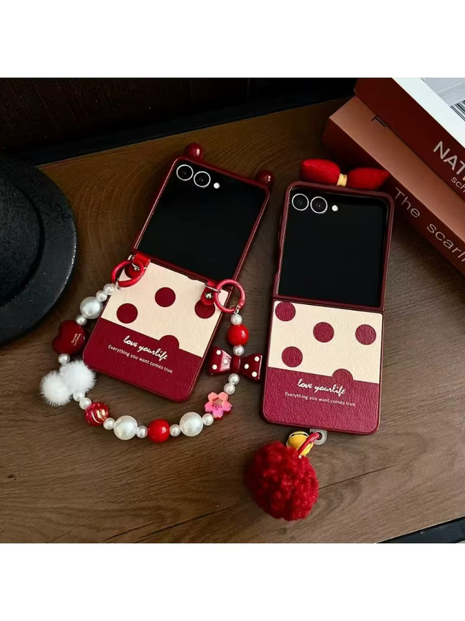 Luxus Handyhülle mit Kristall, Perlen und Pelz sowie Leder-Handgelenkband für Samsung Galaxy Z Flip 7, 6, 5, 4, 3 in Rot - Bild 7