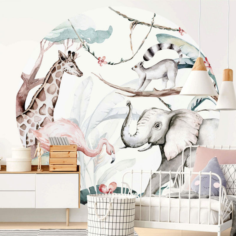 K&L Wall Art Vliestapete Runde Vliestapete Kvilis Tiere Giraffe Elefant mehrfarbig matt B/H: 284 x 284 cm - Bild 2