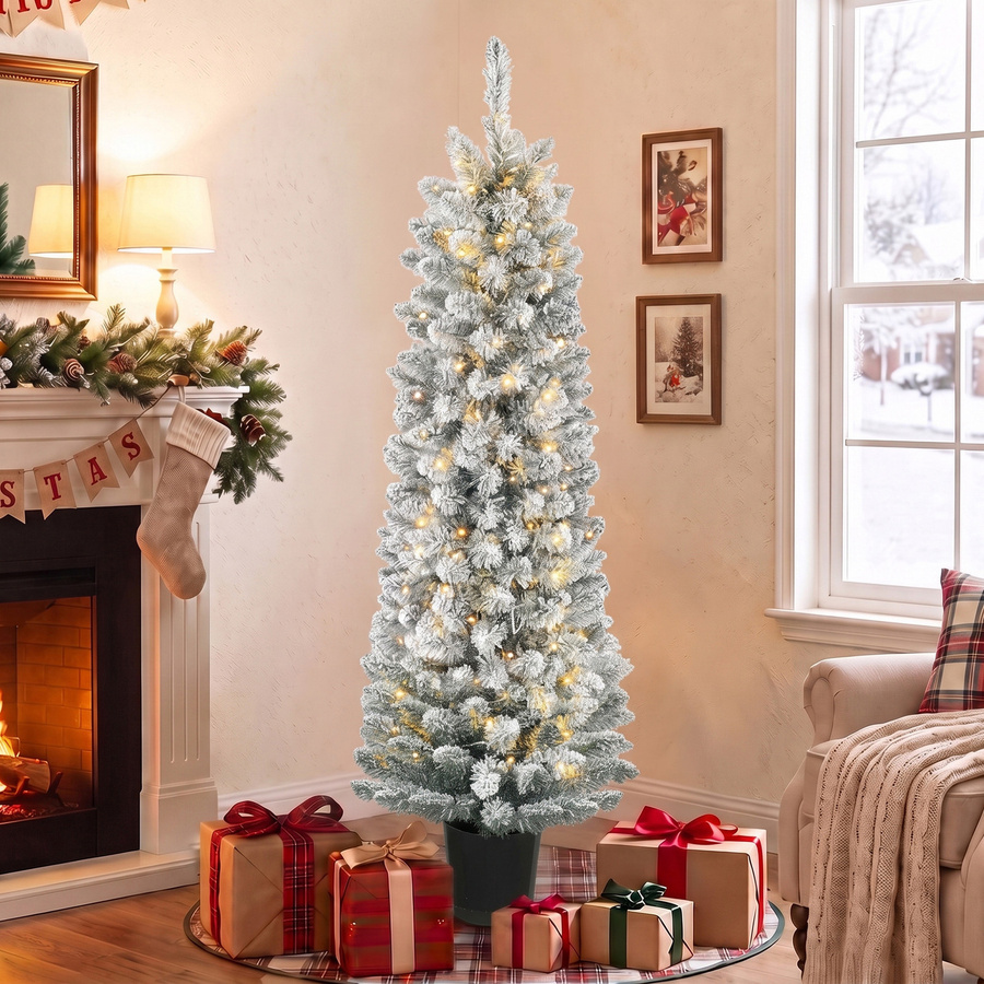 Aosom HOMCOM Schneebesprühter Weihnachtsbaum mit 150 LED-Lichtern, 250 Zweigen und Topfständer, Grün und Weiß, Höhe: 150 cm - Bild 2