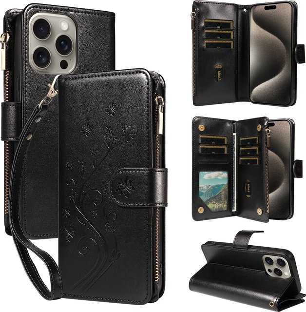 Multifunktions-Handyhülle aus PU-Leder mit Reißverschluss als Flip Wallet Case für iPhone 16 Pro Max 15 14 13 12 11 7 8 X XS XR in Schwarz oder Braun - Bild 1