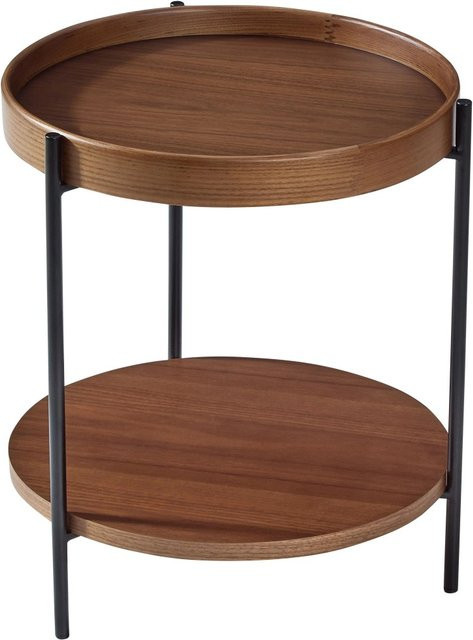 okwish Couchtisch aus Massivholz und Metall in Walnuss, runder 2-stöckiger Wohnzimmertisch, B/T/H: 44 x 44 x 48 cm - Bild 1