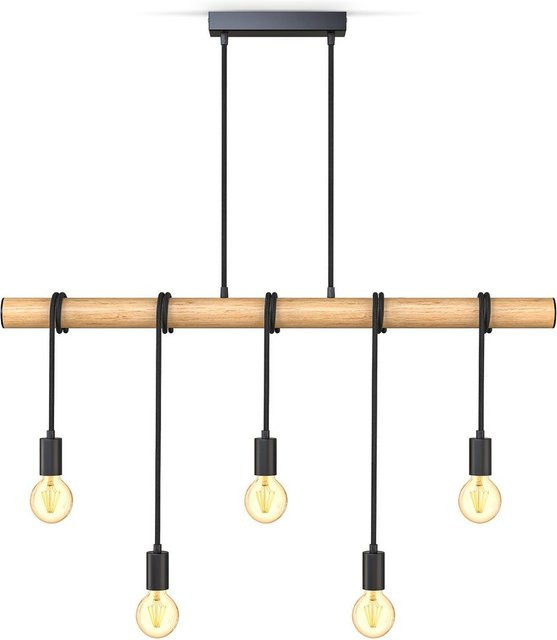B.K.Licht Pendelleuchte aus Holz und Metall in Schwarz Matt mit 5x E27 Fassungen im Vintage-Stil - Bild 1