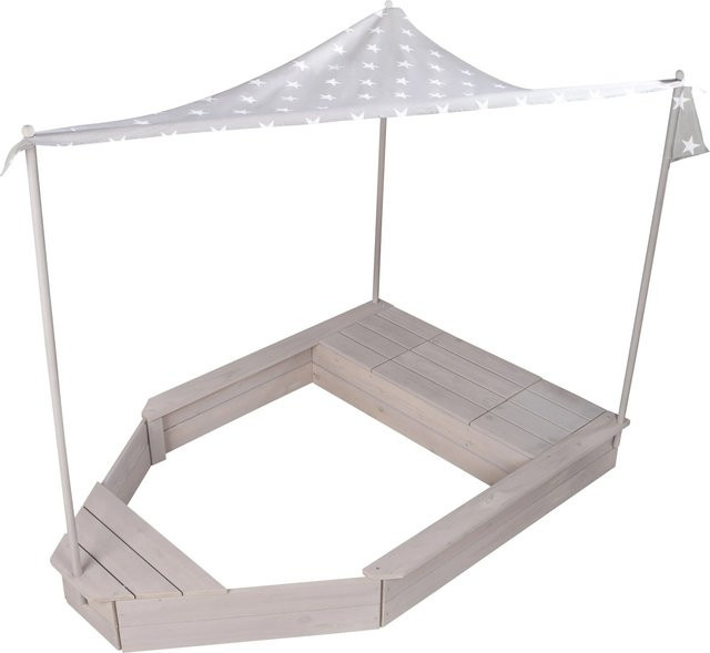 Roba Sandkasten in Boot-Form mit Sonnendach im Design Little Stars aus Massivholz, grau, B/T/H: 65 x 154 x 100 cm (Hinweis: Da die Tiefe im Originaltext nicht explizit genannt wurde, wurde die Angabe auf die verfügbaren Maße reduziert)
Korrektur basieren - Bild 1