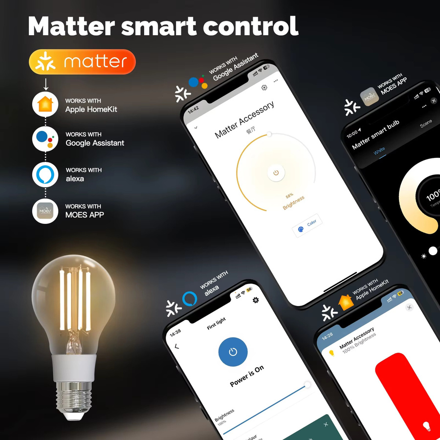 MOES Tuya Matter E27 Smart LED Glühlampe 7W, 806Lm, dimmbar, CCT 2700K-6500K, Weiß, Sprachsteuerung mit Alexa und Google Home - Bild 4