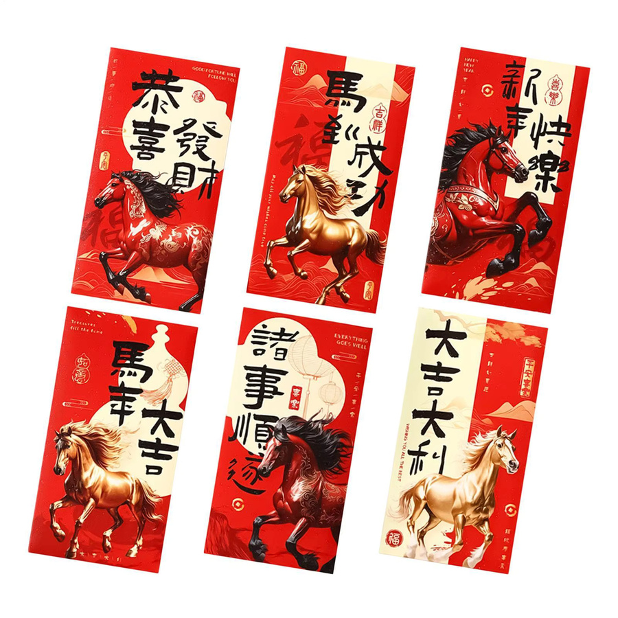 6er Set Rote Chinesische Geldumschläge für das Jahr des Pferdes 2026 aus Papier - Bild 2