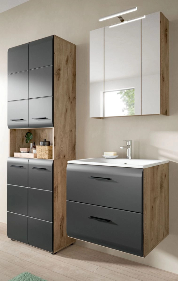 Badmöbel Set Cover von Inn.Furn in Schwarz und Eiche, 3-teilig mit Waschtischunterschrank, Spiegelschrank mit LED-Beleuchtung und Hochschrank, Breite: 135 cm - Bild 1