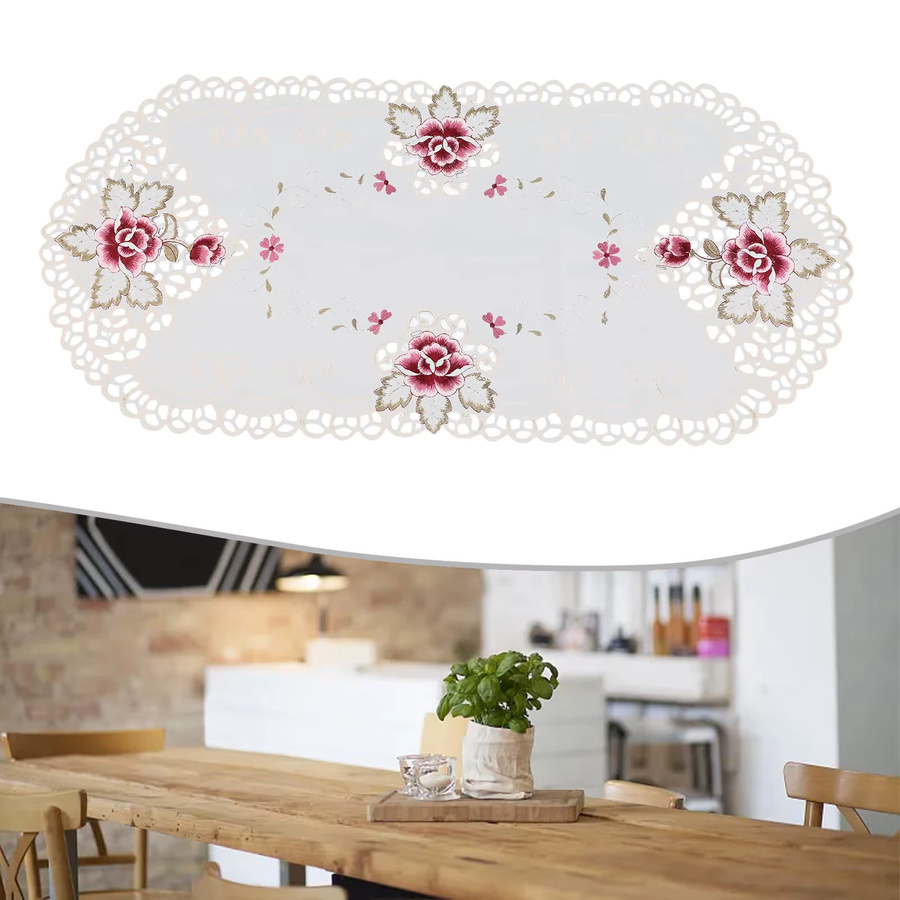 LEENKEA Tischdecke mit Deckchen aus weißem Satin-Spitzenstoff, oval mit Blumenmuster, B/T: 40,64 x 83,82 cm - Bild 2