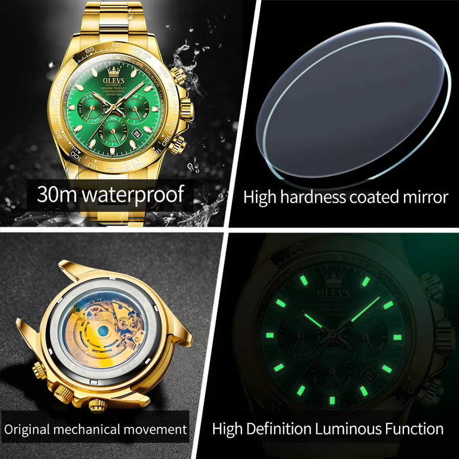 OLEVS Armbanduhr Automatik, Edelstahl, Bicolor, Grün, Herren - Bild 6