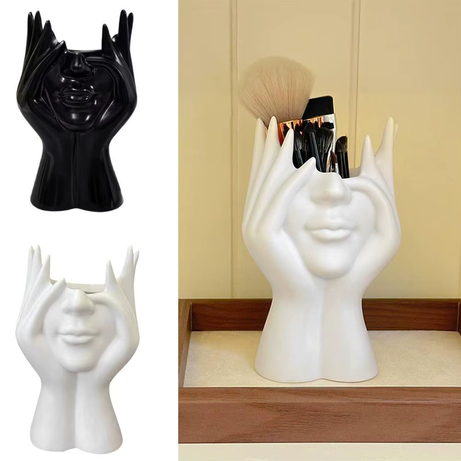 Abstrakter Aufbewahrungszylinder in Gesichtsform als moderne künstlerische Dekoration und Schreibtisch-Organizer aus Keramik und Resin - Bild 1