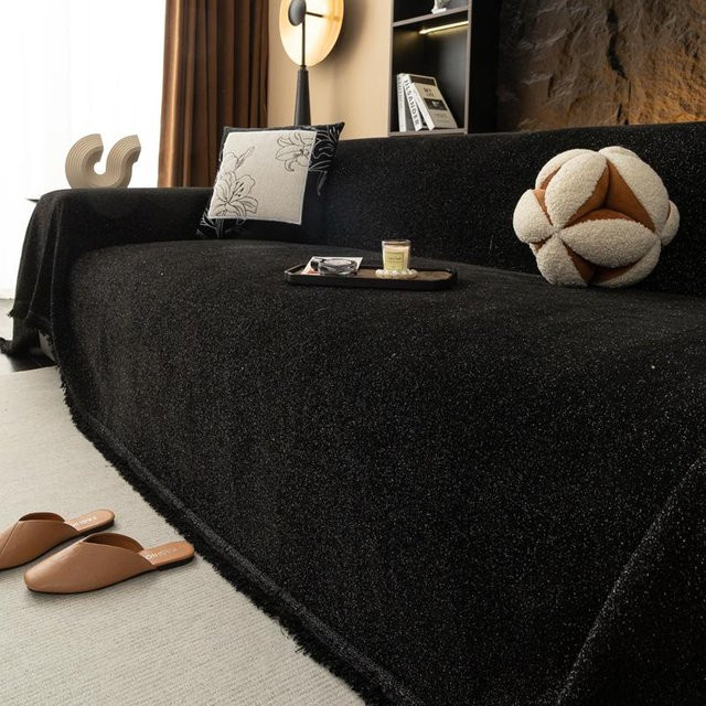 HOMEMOTION Chenille-Baumwollgarn Sofabezug und Decke in Schwarz, B/B: 180 x 260 cm - Bild 1