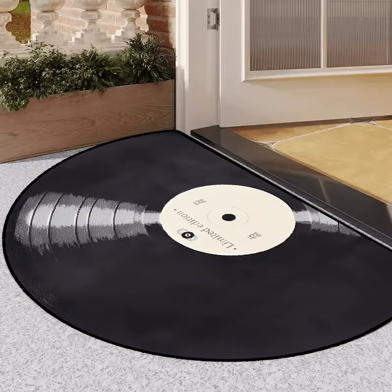VIKAMA Halbrunde Vinyl-Fußmatte mit Retro-Schallplatten-Design in Schwarz, B: 120 cm, T: 80 cm - Bild 2