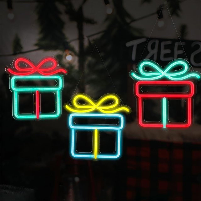 3-teiliges dimmbares Neonschild mit Weihnachtsgeschenkboxen in Multicolour als USB-Wanddeko für Wohnzimmer und Schlafzimmer - Bild 1