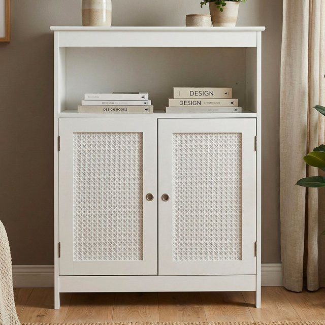 Standregal Finebuy in Weiß mit Wiener Geflecht als Wohnregal und Kommode, B/T/H: 80 x 28 x 60 cm - Bild 1