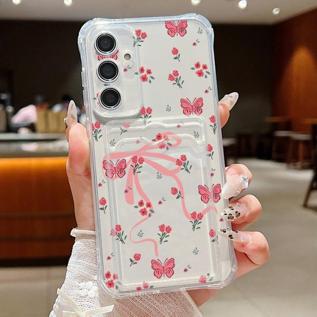 Samsung Handyhülle mit Kartensteckplatz und Schleifen-Aufdruck in Rosa für Galaxy S25 Edge S24 Ultra S23 S24 FE A56 A55 A25 A16 A15 A36 5G aus TPU - Bild 1