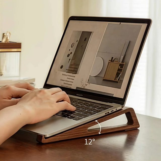Ergonomischer faltbarer Laptopständer aus Holz in Braun mit einstellbarem 12 Grad Winkel und Kühlungslüftung - Bild 1
