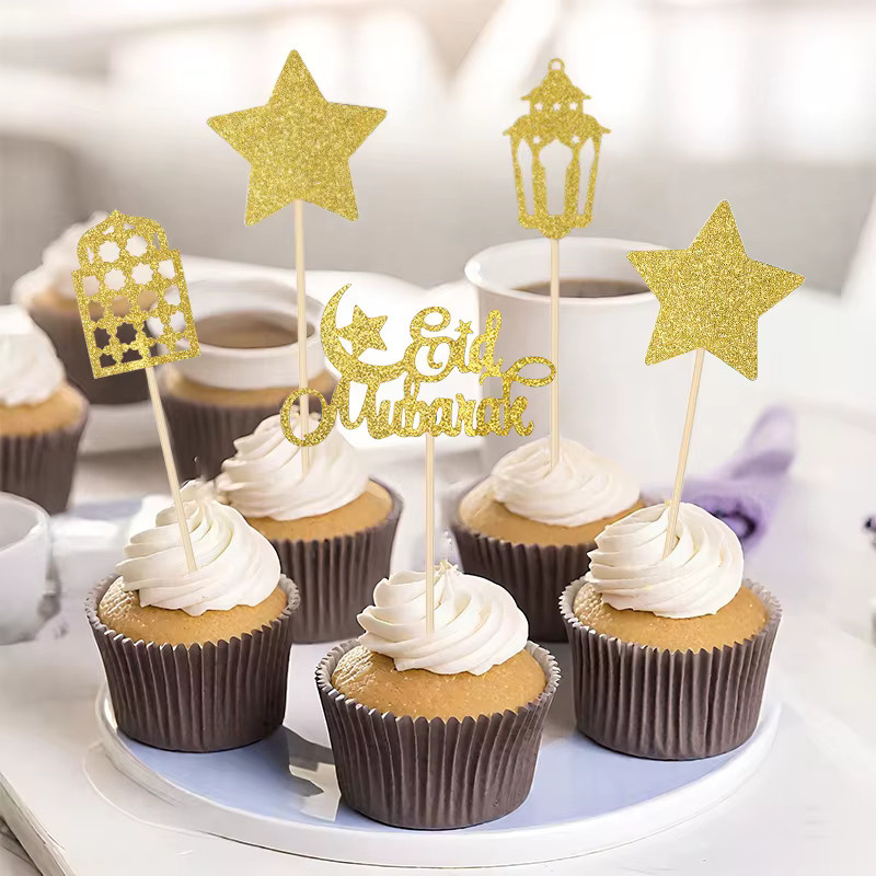 ZQNYCY Eid Mubarak Cupcake Topper mit Mond, Sternen und Laternen für Ramadan und islamische Partys, Gold und Multicolour - Bild 4