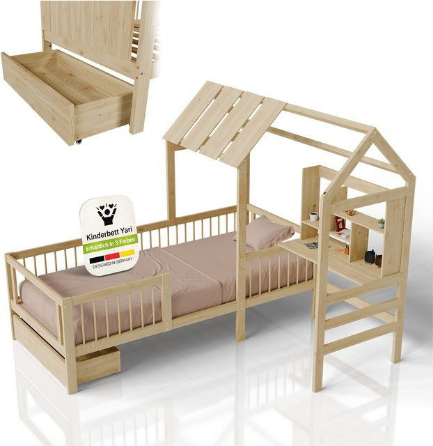 Juskys Kinderbett Yari aus Kiefer mit Schreibtisch und Schublade, Natur/Beige, B/T/H: 90 x 200 cm - Bild 1