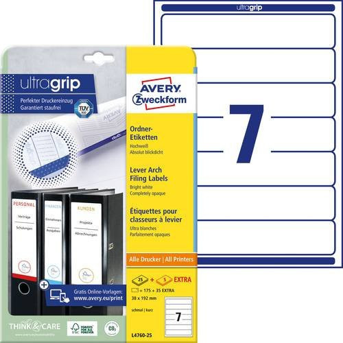 Avery Zweckform Ordner-Etiketten L4760-25 Weiß, 210 Stück, B: 3,8 cm, H: 19,2 cm - Bild 1