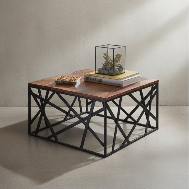 KADIMA DESIGN Couchtisch im Industrial-Stil aus Sheesham Holz und schwarzem Metall, B/T/H: 60 x 60 x 35 cm - Bild 1