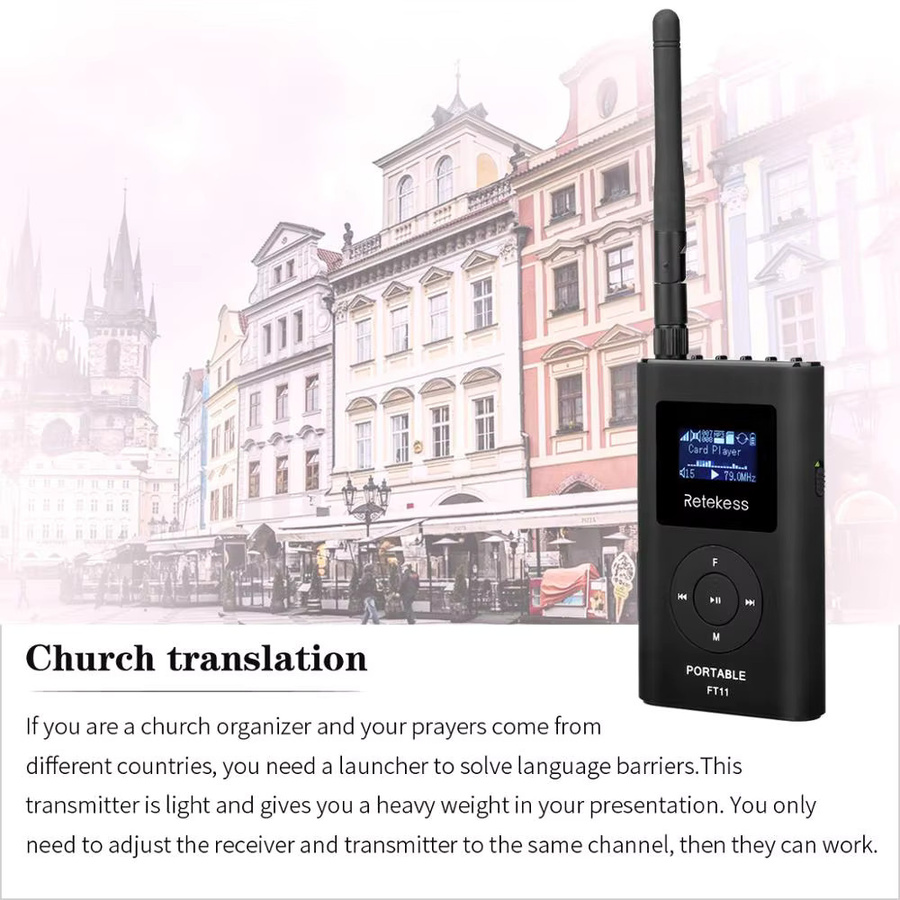 RETEKESS FT11 Kabelloser FM-Rundfunksender in Schwarz, Tragbarer MP3-Sender mit TF-Kartenslot und AUX-Eingang für Auto, Kirche oder Besprechungen - Bild 2