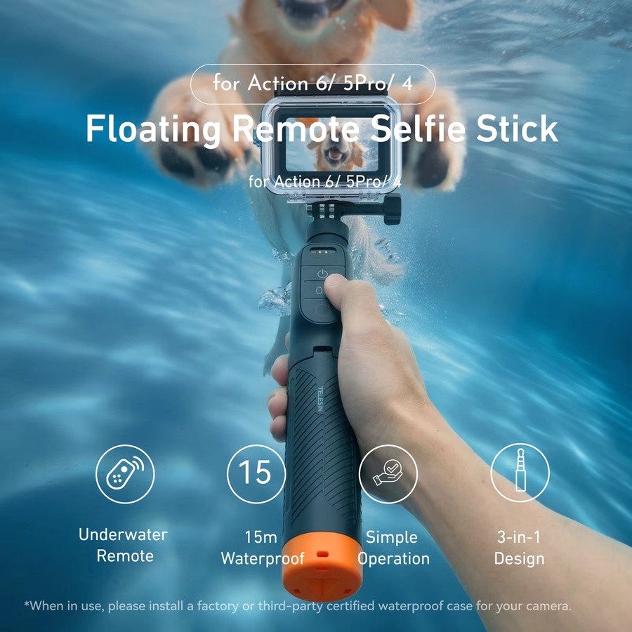 TELESIN Unterwasser-Tauchstativ mit kabelloser Fernbedienung, ausziehbarem Selfie-Stick und Auftriebsgriff für DJI OSMO Action 6 5pro 4 in Schwarz - Bild 2