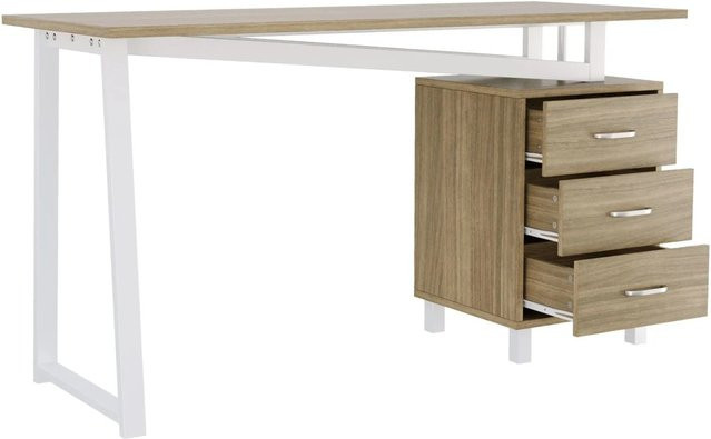 PXloue Schreibtisch mit 3 Schubladen in Weiß und Holzoptik, B/T/H: 130 x 55 x 75 cm - Bild 1