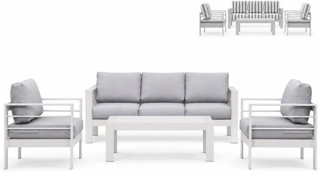 MeXo Gartenmöbel Set für 5 Personen aus Aluminium und WPC in Weiß mit grau gestreiften Ersatzkissenbezügen - Bild 1