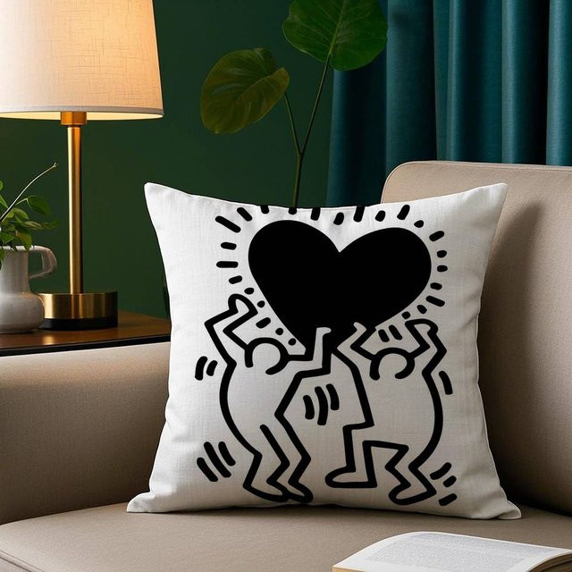 GUOYU HOMEDECOR Kissenbezug mit Keith Haring Kunstprint, Quadratisches Plüsch-Wurfkissen in Weiß, Breite: 30,48 cm, Breite: 30,48 cm - Bild 1