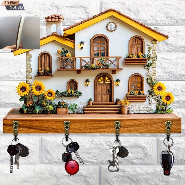 Tuscan House Schlüsselaufhänger mit floralem Sonnenblumen-Gartendesign in Multicolor, wandmontierter Schlüsselhalter im Country-House-Stil - Bild 1