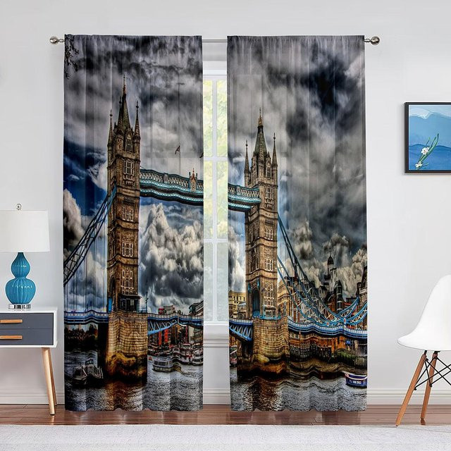 Transparentes Chiffon-Voile Vorhang mit London Tower Bridge Nachtansicht Motiv, Super Six, Breite: 100 cm, Höhe: 250 cm - Bild 1