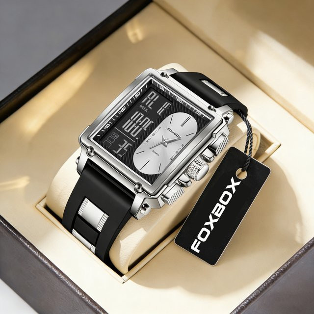 FOXBOX Armbanduhr, Quarz, Silikonarmband, Silber, Herren - Bild 1