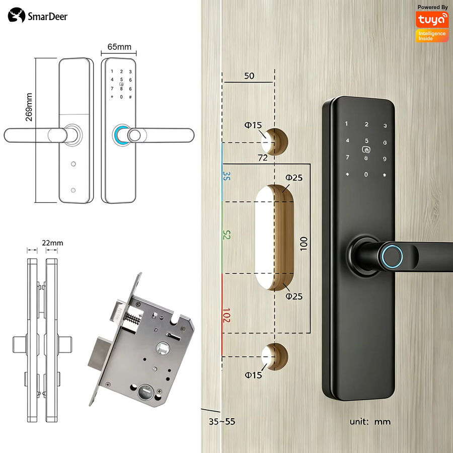 SmarDeer 5-in-1 Intelligentes Türschloss in Schwarz mit Tuya WIFI und Fingerabdrucksensor für schlüssellosen Zugang - Bild 6