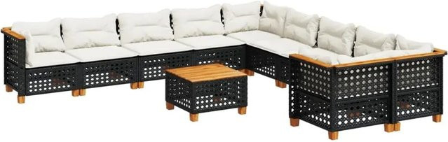 vidaXL 11-teilige Garten-Sofagarnitur aus Poly-Rattan und Akazienholz in Schwarz mit cremeweißen Kissen - Bild 1