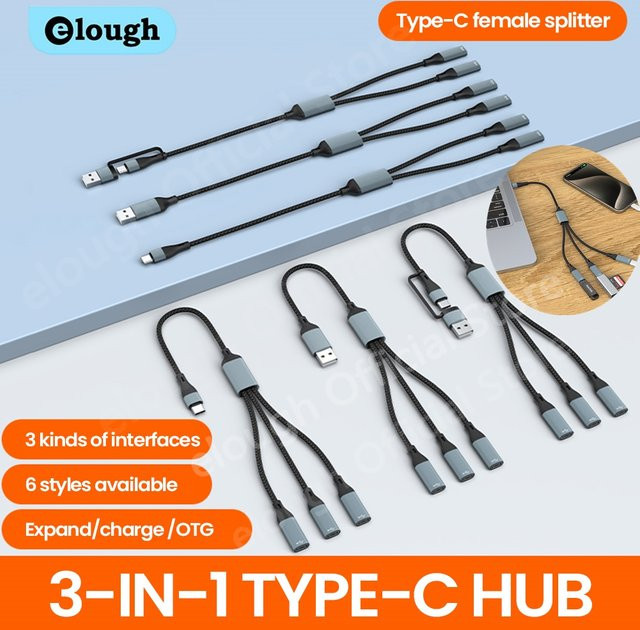 Elough USB-C Hub OTG Adapter mit 3 USB-C Anschlüssen für Datenübertragung und U-Disk/Karte an Laptop und PC - Bild 1