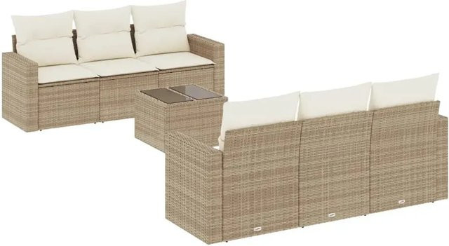 vidaXL 7-teilige Garten-Sofagarnitur aus Poly-Rattan mit Kissen in Beige und Cremeweiß - Bild 1