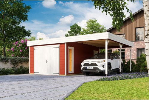 Blockgarage Lasita Maja Bahamas aus Holz in Schwedenrot mit Holztor und Stufendach, B: 820 cm, T: 560 cm, H: 251 cm - Bild 1
