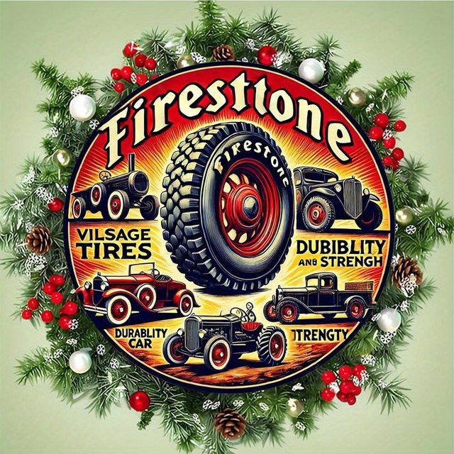 Potdemiel Vintage Firestone Tire Design Wandkunstschild aus Aluminium, rund, Durchmesser: 19,81 cm - Bild 1