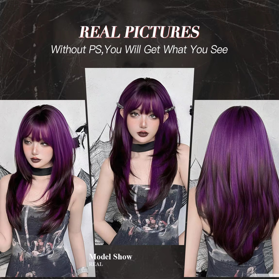 JONRENAU Perücke, Synthetisch, Lila Schwarz, Lang Gerade Layered mit Pony, Damen - Bild 3